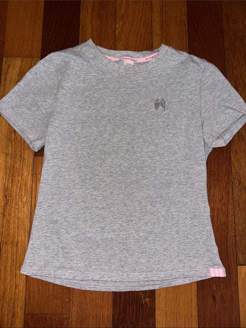 Victoria's Secret Gray Tee with Pink Trim and Embroidered Wings